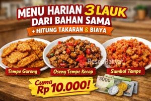Menu harian 3 lauk dari satu bahan utama. Praktis dimasak, takaran jelas, dan estimasi biaya dapur harian yang realistis dan hemat.