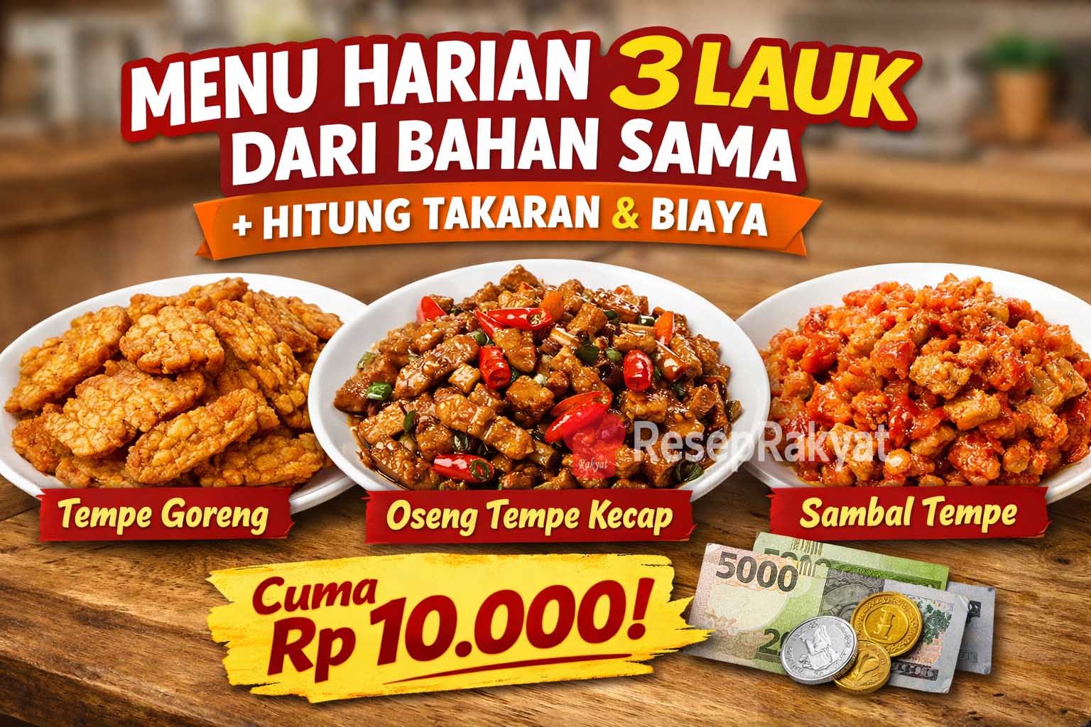 Menu harian 3 lauk dari satu bahan utama. Praktis dimasak, takaran jelas, dan estimasi biaya dapur harian yang realistis dan hemat.