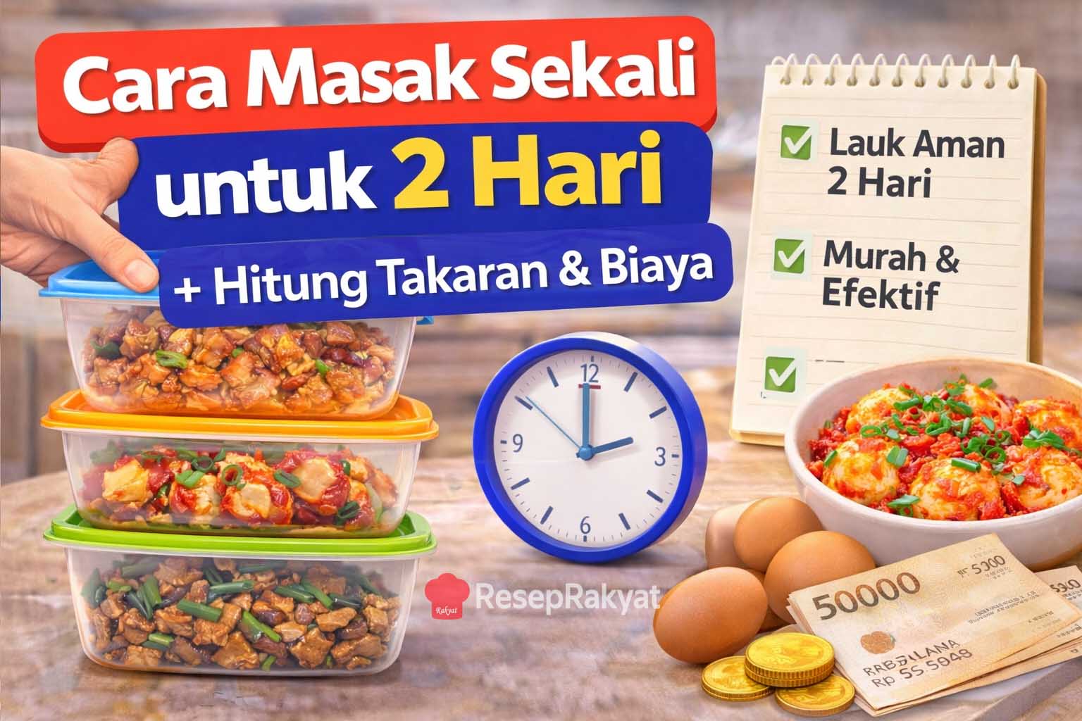 Ilustrasi menu masakan rumahan hemat yang dimasak sekali untuk kebutuhan makan 2 hari lengkap dengan takaran bahan dan perhitungan biaya per porsi.